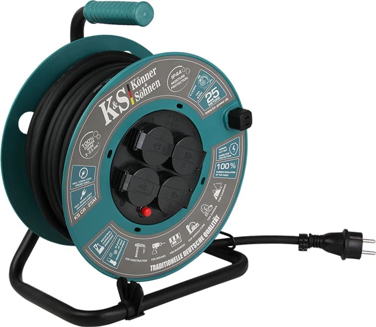 Prailgintuvas ritėje, vario kabelis, 25m, 4 lizdai, KS-CR-25M, KONNER & SOHNEN