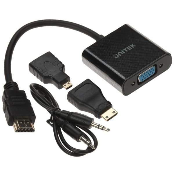 HDMI Į VGA KEITIKLĮ Y-6355 + AUDIO + MIKRO IR MINI HDMI ADAPTERIAI UNITEK