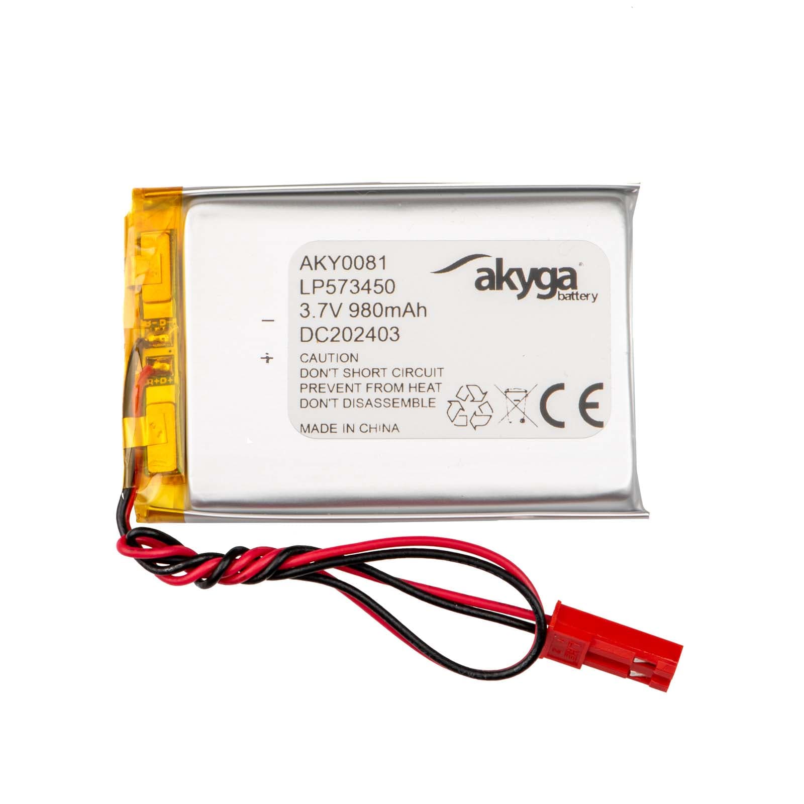 Ličio polimero baterija Akyga AKY0081 LP573450 Li- Po 3.7V / 980mAh PCM JST 2.54 2Pin Connector 150mm