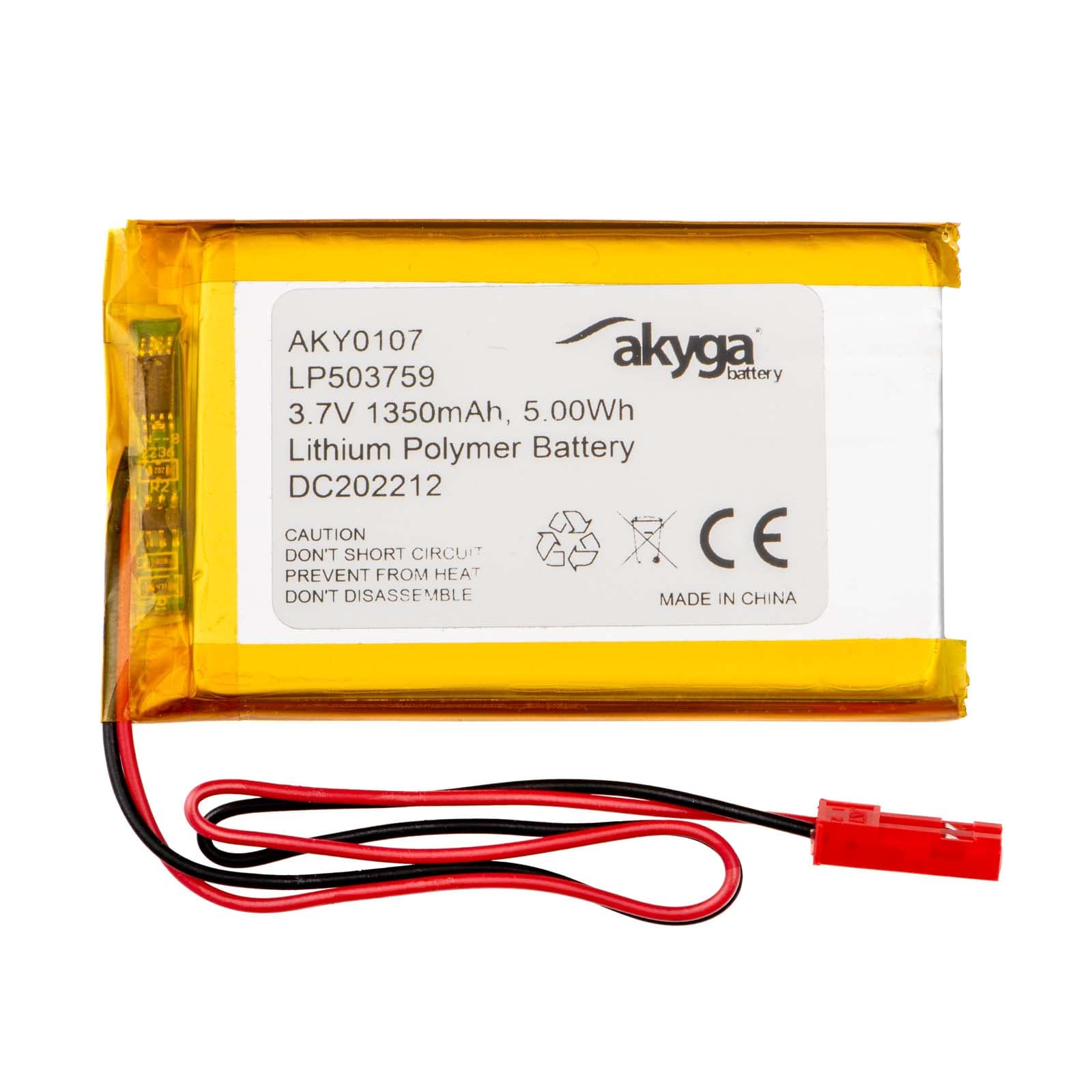 Ličio polimero baterija Akyga AKY0107 LP503759 Li- Po 3.7V/1350mAh PCM JST 2.54 2-Pin Connector 150mm
