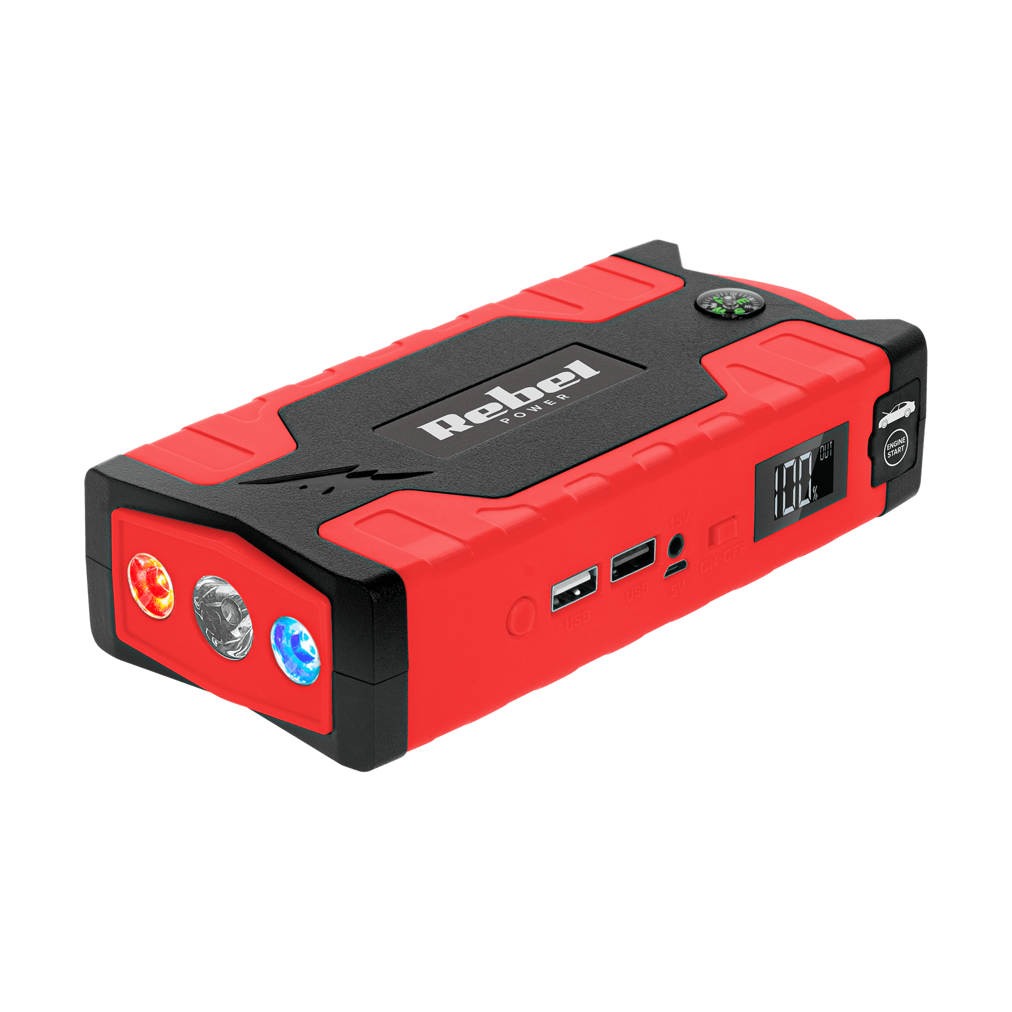 Jump starter - power bank z przewodami rozruchowymi i kompresorem