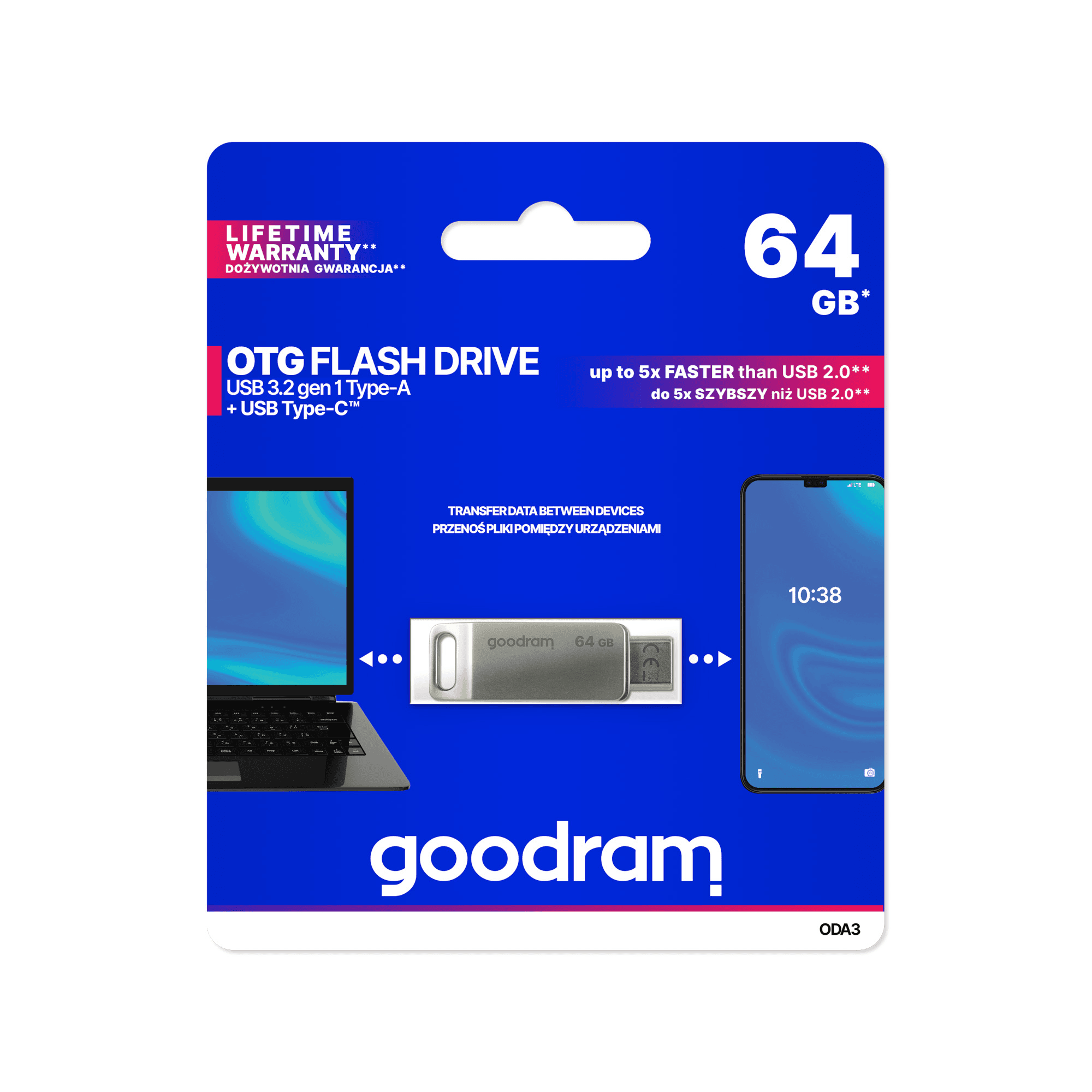 USB flash diskas Goodram + USB C 64GB sidabro