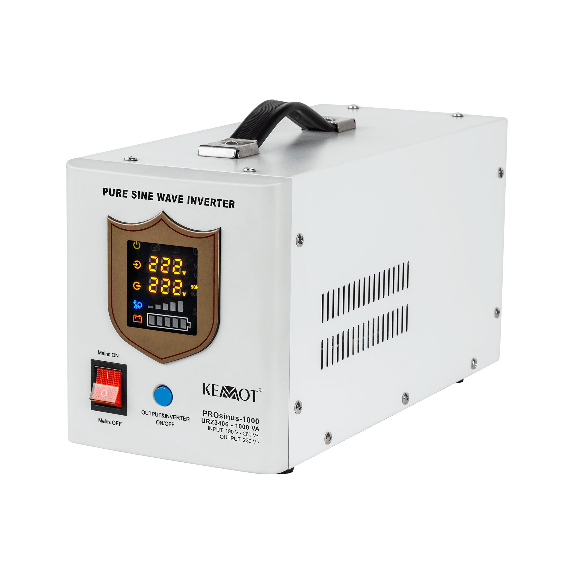 Avarinis maitinimo šaltinis KEMOT Prosinus- 1000 konverteris su gryno sineloido kursu ir įkrovimo funkcija 12V 230V 1000VA / 700W