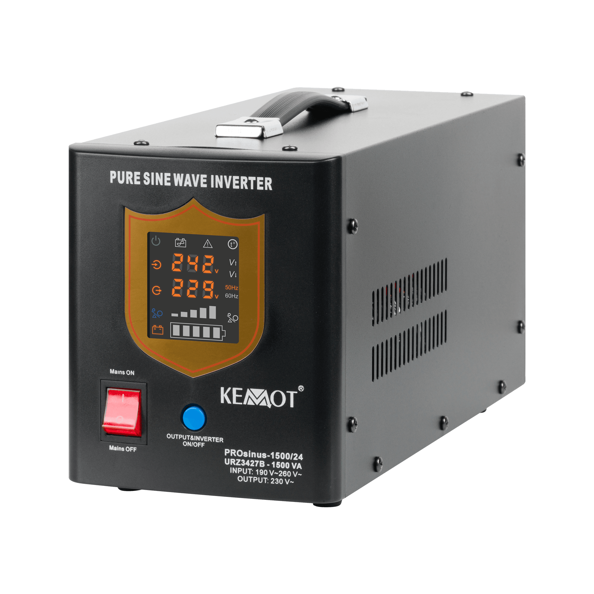 Avarinis maitinimo šaltinis KEMOT Prosinus- 1500 / 24 konverteris su švariu sineloidiniu kursu ir įkrovimo funkcija 24V 230V 1500VA / 1050W - juoda