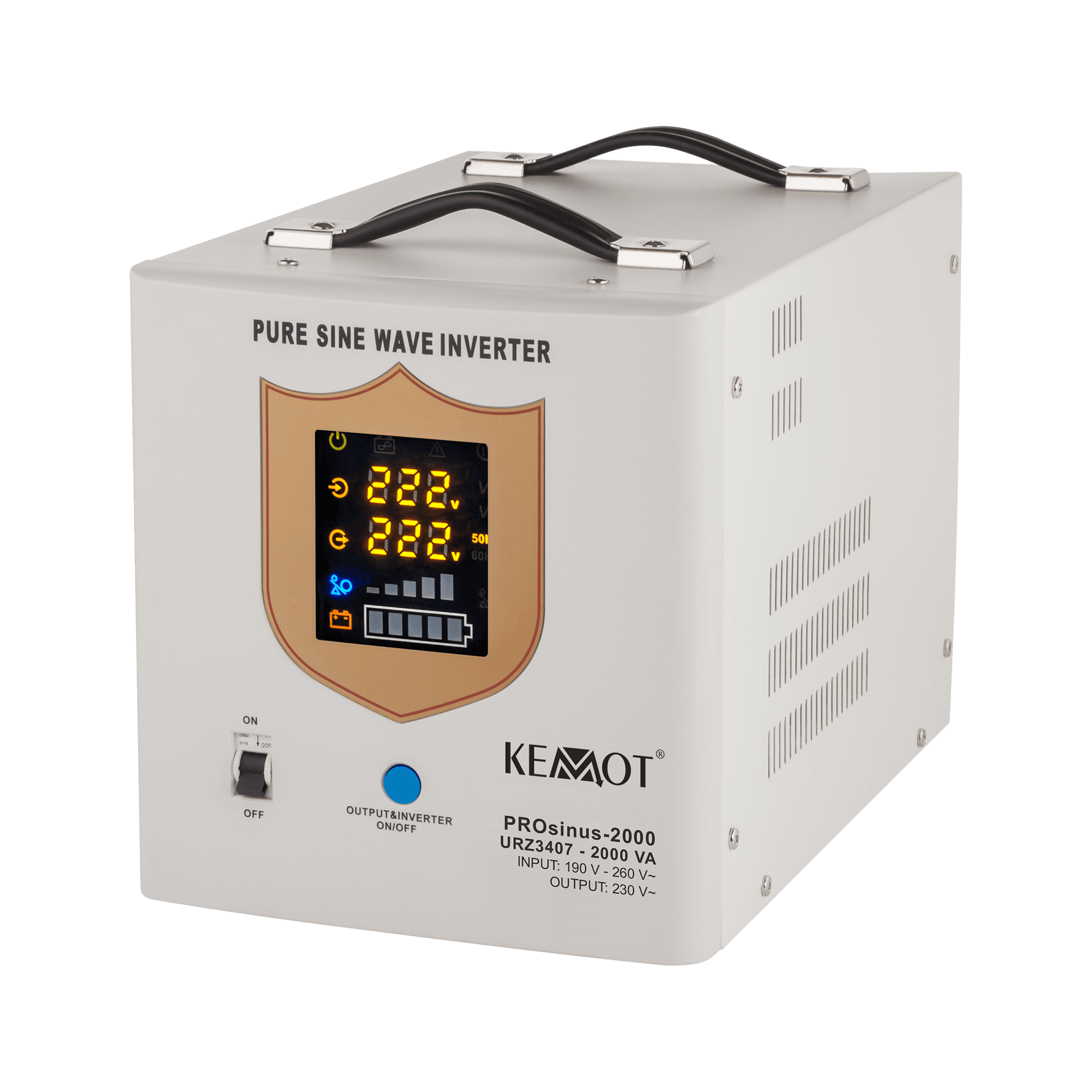 Avarinis maitinimo šaltinis KEMOT PROSINS- 2000 konverteris su gryno sineloido kursu ir įkrovimo funkcija 12V 230V 2000VA / 1200W