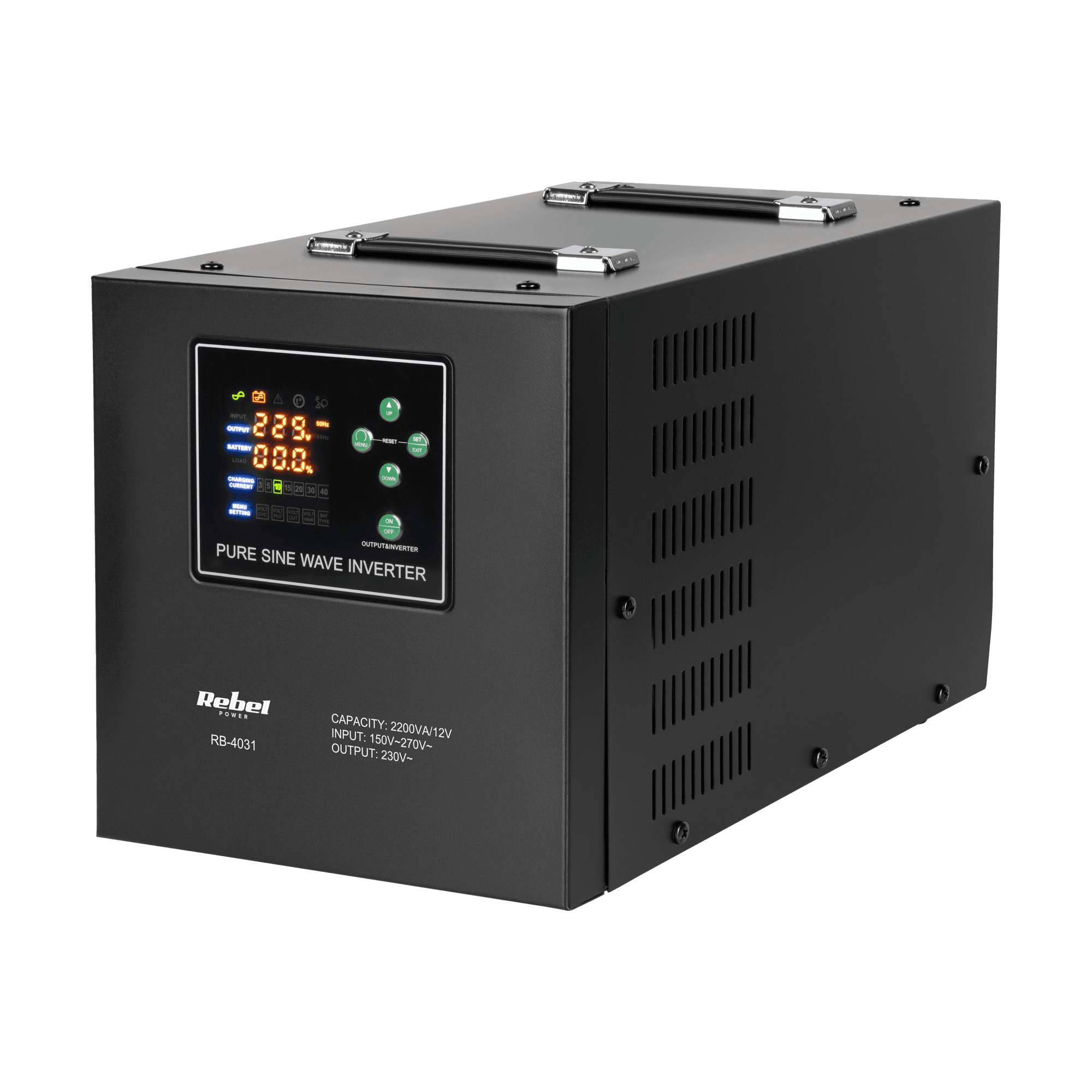 Zasilacz awaryjny Rebel POWER-2200-LFP4 - przetwornica z czystym przebiegiem sinusoidalnym i funkcją ładowania 12V 230V 2200VA/1600W