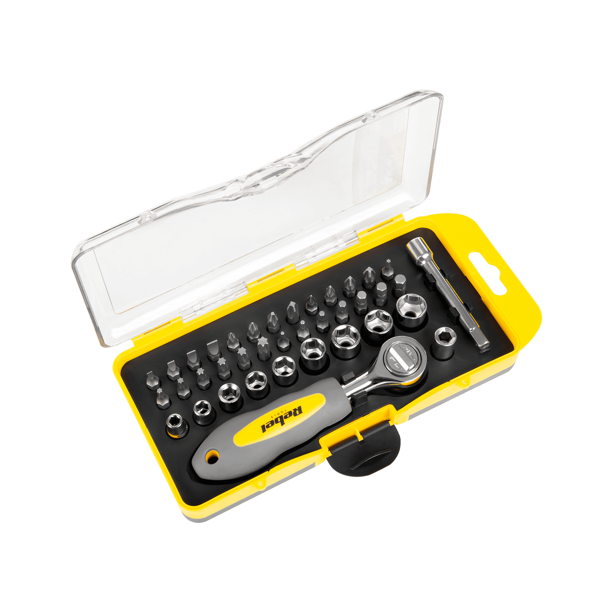 Bitų ir kepurių rinkinys su antgaliu 38vnt.